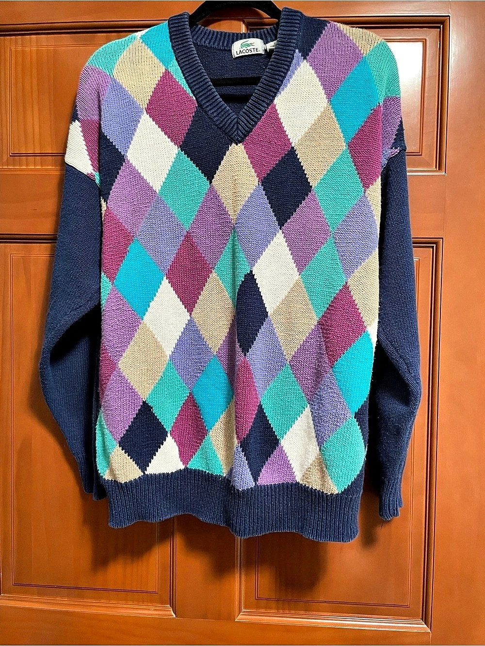 Vintage late 1980’s - Early 1990’s Lacoste Men's Geometric V-Neck Sweater-Large